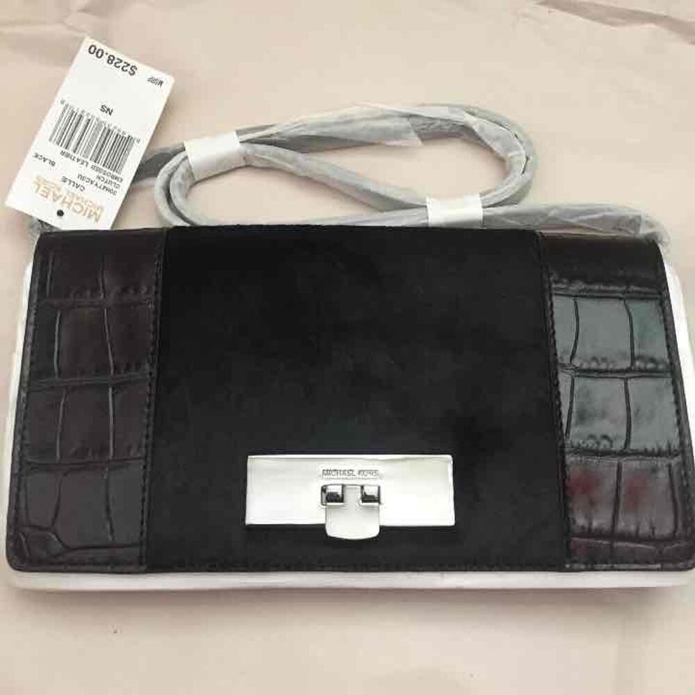 New michael kors Callie black clutch bag embossed leather crossbody $228 Fur